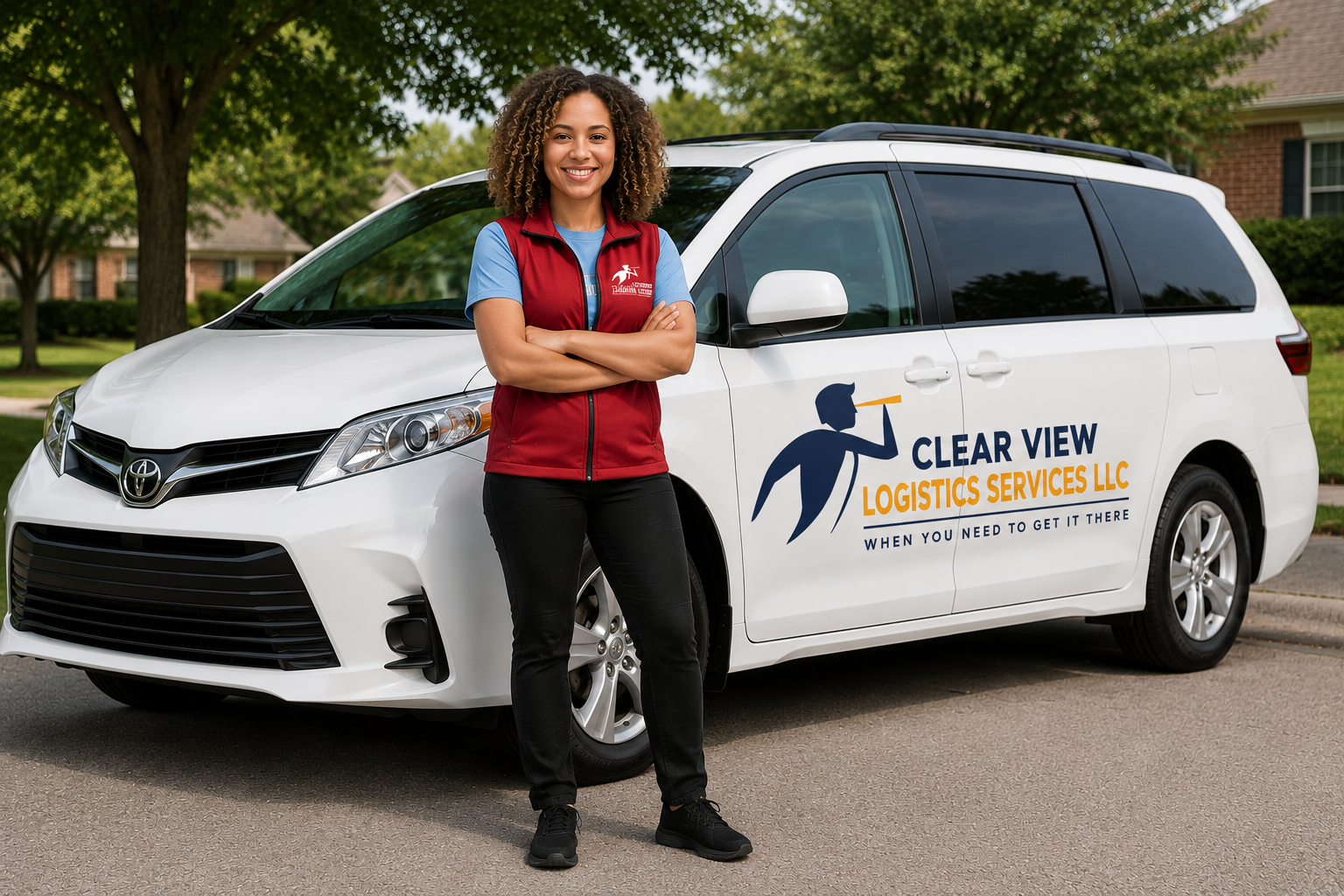 Clear View Logistics representative standing next to branded courier vehicle